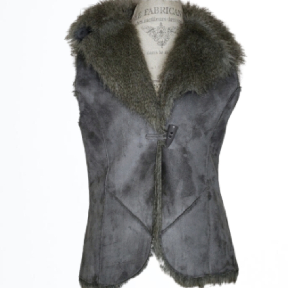 Fever Microsuede Vest Gray Green with Faux Fur Size Medium
